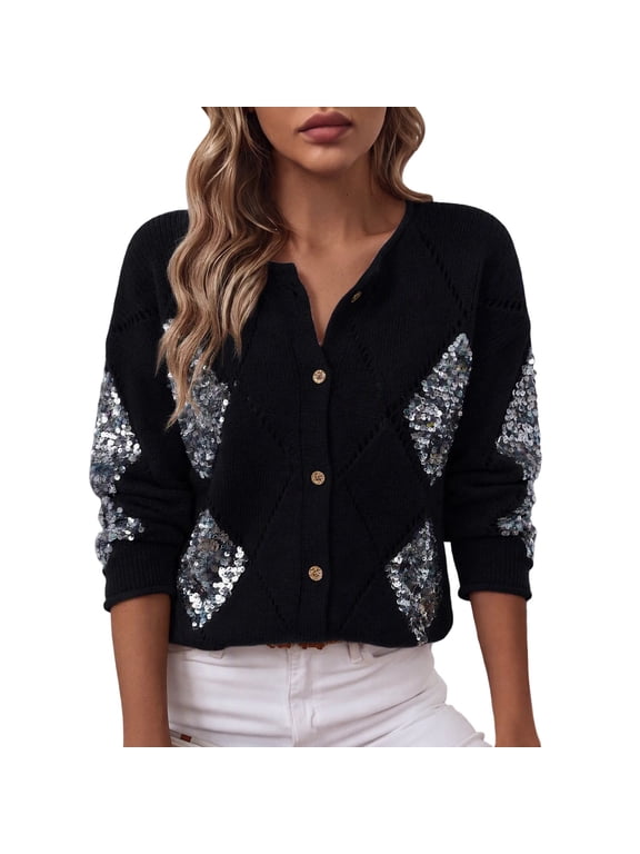 Women Long Sleeve V‑Neck Sequin Knit Cardigan, Diamond Hollow Out Button‑Up Sweater, Relaxed Fit Sparkly Patchwork Design, Party Holiday Casual Layering Tops Black,S