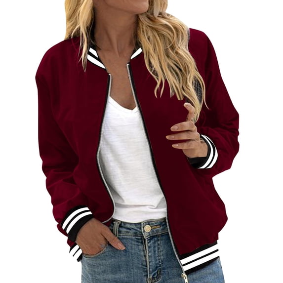 Xinoom Women Long Sleeve Zip‑Up Bomber Jacket, Ribbed Cuff Hem Varsity Coat, Lightweight Windproof Fabric, Street Style Going‑Out Casual Outerwear Red,M