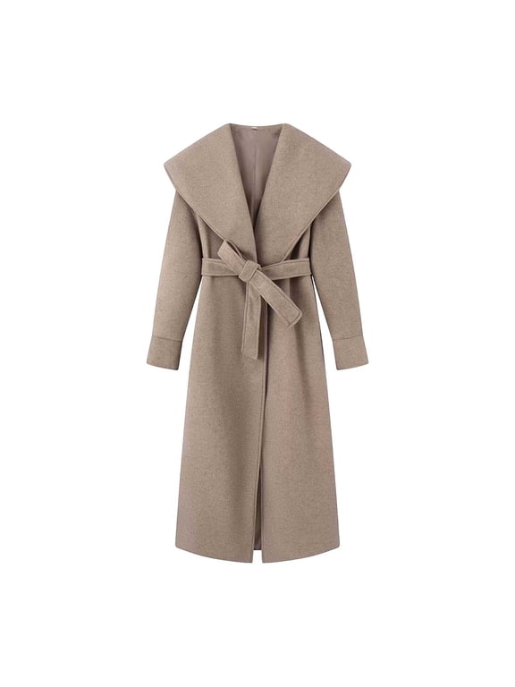 Women Long Wool Blend Wrap Coat, Wide Shawl Collar Self‑Tie Belt Waist Outwear, Open Front Long Sleeve Relaxed Fit Maxi Overcoat for Fall Winter Elegant Daily Look Gray,L