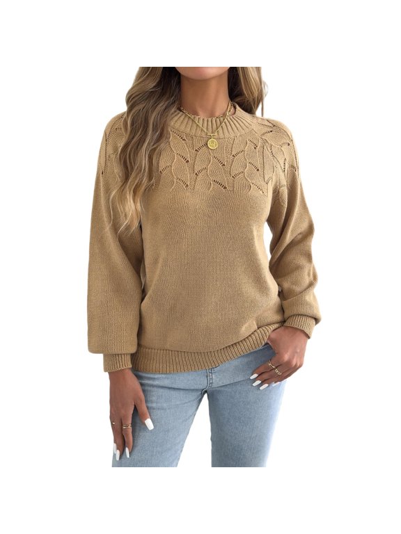 Women Mock Neck Hollow Leaf Knit Sweater, Long Sleeve Drop Shoulder Pullover, Soft Textured Knit Jumper for Weekend Brunch Khaki,S