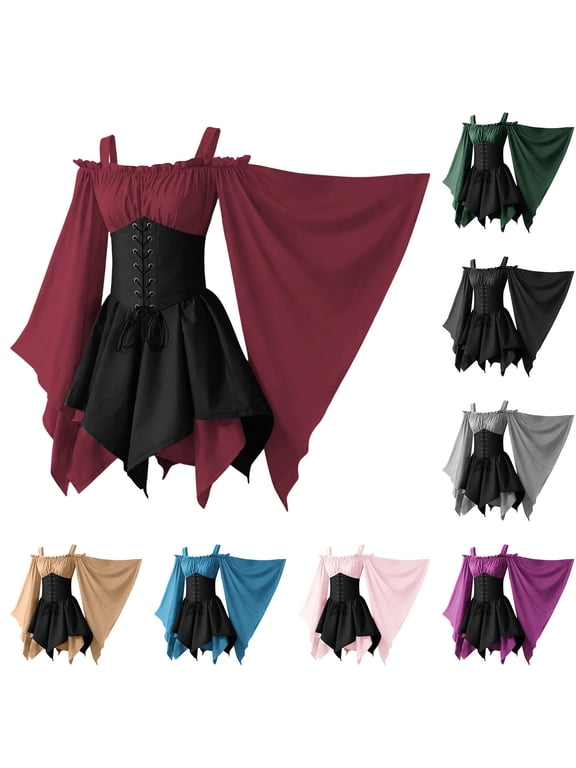 Women Off Shoulder Bell Sleeve Costume Dress, Corset Waist Asymmetrical Hem Dress, Gothic Retro Style Outfit For Halloween Party Black,L