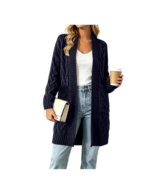 Women Open‑Front Cable Knit Cardigan, Long Sleeve Duster Sweater Coat with Side Pockets, Ribbed Cuffs Hem Relaxed Fit Casual Layering Outwear for Fall Winter Navy,Free Size