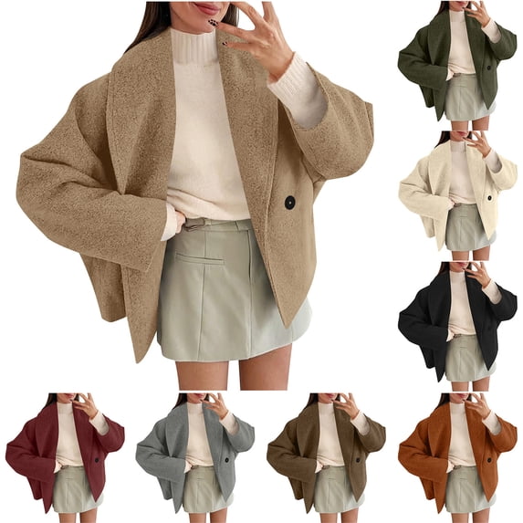 Xinoom Women Oversized Shawl Lapel Wool Blend Coat, Single Button Short Jacket, Loose Fall Winter Casual Outerwear Army Green,L