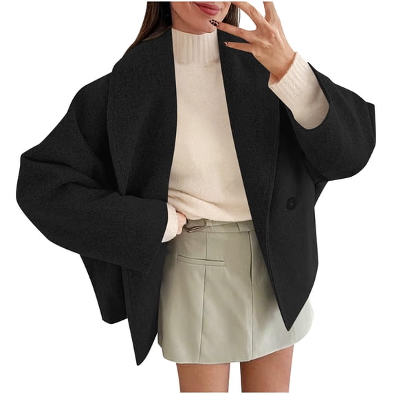 Xinoom Women Oversized Shawl Lapel Wool Blend Coat, Single Button Short Jacket, Loose Fall Winter Casual Outerwear Black,L