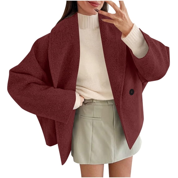 Xinoom Women Oversized Shawl Lapel Wool Blend Coat, Single Button Short Jacket, Loose Fall Winter Casual Outerwear Wine,XXL