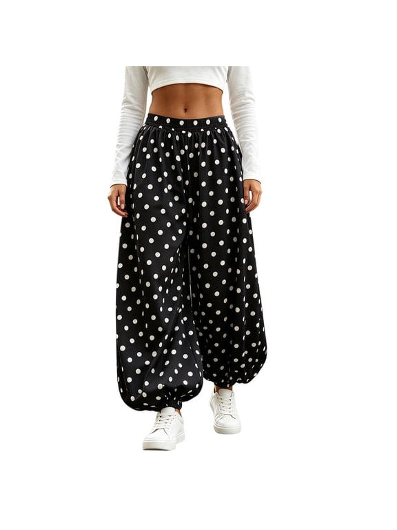 Women Polka Dot Baggy Harem Jogger Pants, Elastic Smocked Waist Loose Balloon Trousers, Elastic Cuffed Ankle Relaxed Fit Bottoms for Streetwear Party Holiday Daily Loungewear Black,M