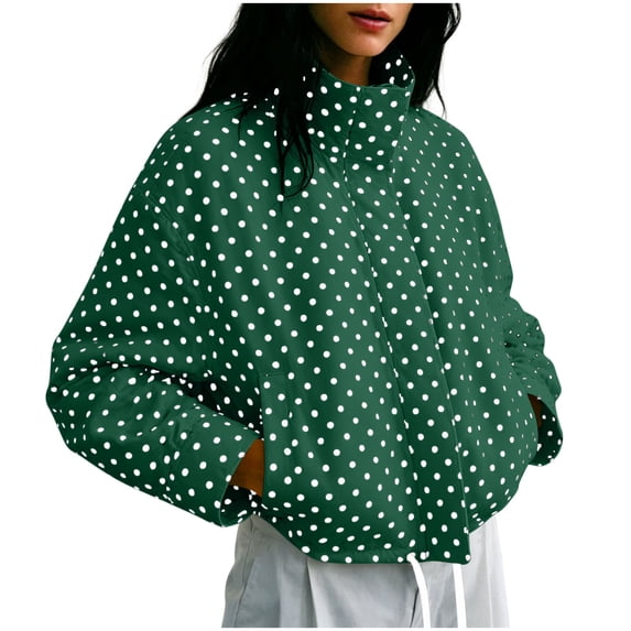Xinoom Women Polka Dot Cropped Windbreaker Jacket, Stand Collar Long Sleeve Oversized Coat with Side Pockets, Lightweight Drawstring Hem Casual Street Outerwear Green,L