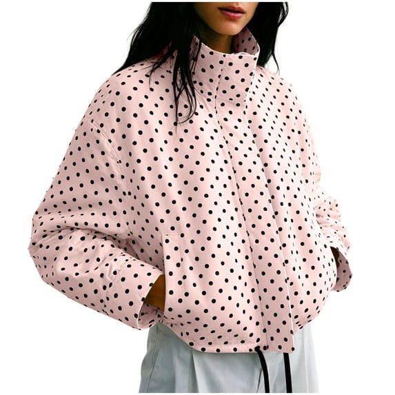 Xinoom Women Polka Dot Cropped Windbreaker Jacket, Stand Collar Long Sleeve Oversized Coat with Side Pockets, Lightweight Drawstring Hem Casual Street Outerwear Pink,XL