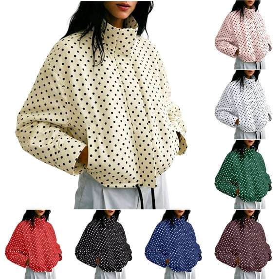 Xinoom Women Polka Dot Cropped Windbreaker Jacket, Stand Collar Long Sleeve Oversized Coat with Side Pockets, Lightweight Drawstring Hem Casual Street Outerwear Black,L