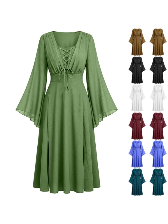 Women Renaissance Medieval Midi Dress, V‑Neck Lace‑Up Front Bell Flare Long Sleeve, High Waist Split Hem Flowy Vintage Dress for Cosplay Halloween Theme Party Black,L