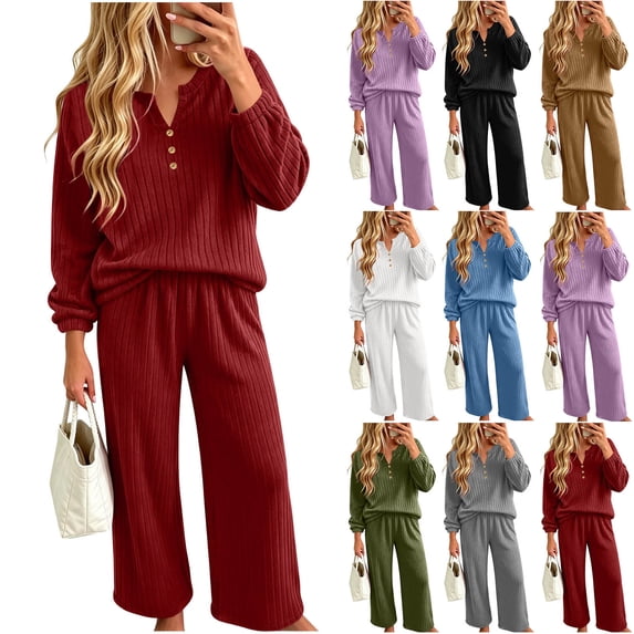 Xinoom Women Ribbed Knit Two Piece Outfit Set, Henley V‑Neck Long Sleeve Top and Wide Leg Pants, Cozy Loungewear Tracksuit for Casual Home Travel Wear Army Green,L
