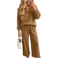 thumbnail image 1 of Xinoom Women Ribbed Knit Two Piece Outfit Set, Henley V‑Neck Long Sleeve Top and Wide Leg Pants, Cozy Loungewear Tracksuit for Casual Home Travel Wear Khaki,L, 1 of 5
