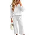 thumbnail image 1 of Xinoom Women Ribbed Knit Two Piece Outfit Set, Henley V‑Neck Long Sleeve Top and Wide Leg Pants, Cozy Loungewear Tracksuit for Casual Home Travel Wear White,L, 1 of 5