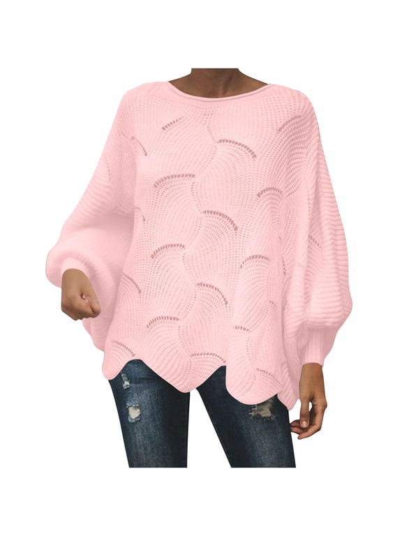 Women Scoop Neck Hollow Wave Knit Sweater, Long Sleeve Lantern Sleeve Oversized Pullover, Lightweight Knit Top for Beach Trip Pink,L