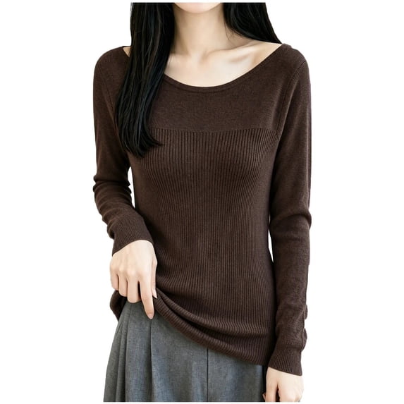 Xinoom Women Scoop Neck Ribbed Knit Top, Long Sleeve Slim Fit Sweater, Stretchy Form Fitting Knit Shirt for Casual Dating Brown,XL