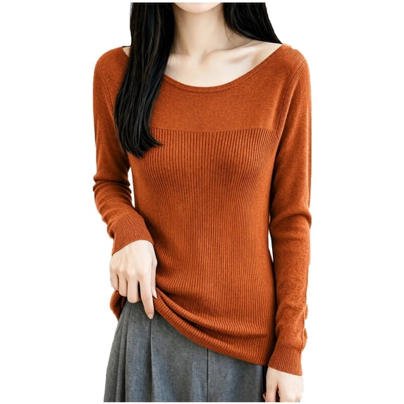 Xinoom Women Scoop Neck Ribbed Knit Top, Long Sleeve Slim Fit Sweater, Stretchy Form Fitting Knit Shirt for Casual Dating Orange,XXL