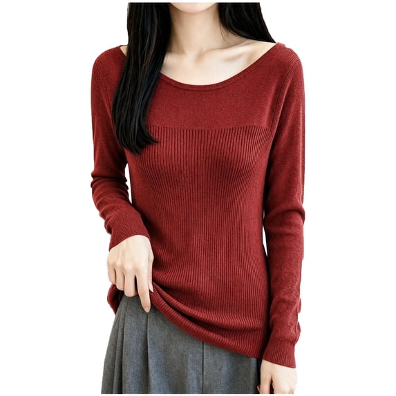 Xinoom Women Scoop Neck Ribbed Knit Top, Long Sleeve Slim Fit Sweater, Stretchy Form Fitting Knit Shirt for Casual Dating Red,M