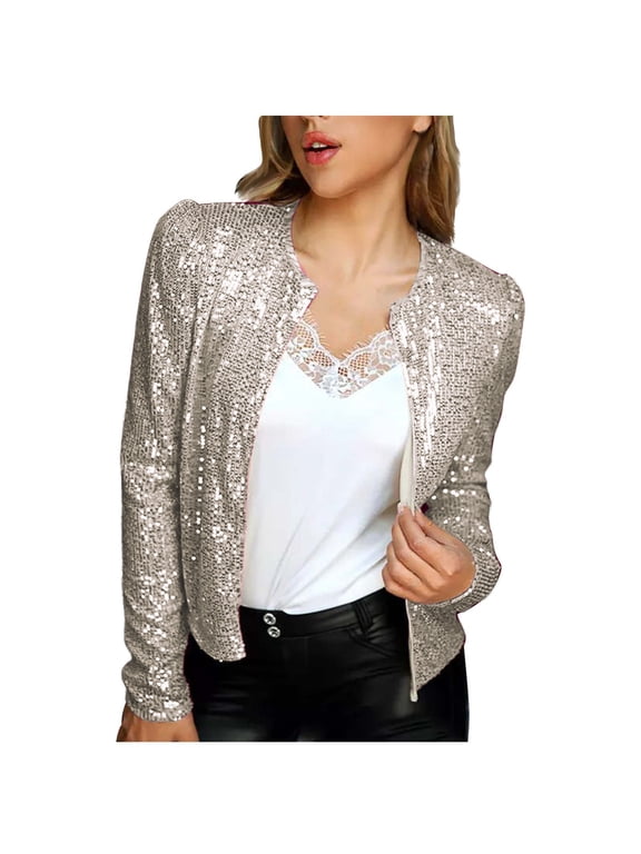 Women Sequin Jacket Long Sleeve Open Front Crew Neck Sparkly Cropped Outerwear with Ribbed Cuffs for Party Wedding Nightclub Evening Events Gold,S