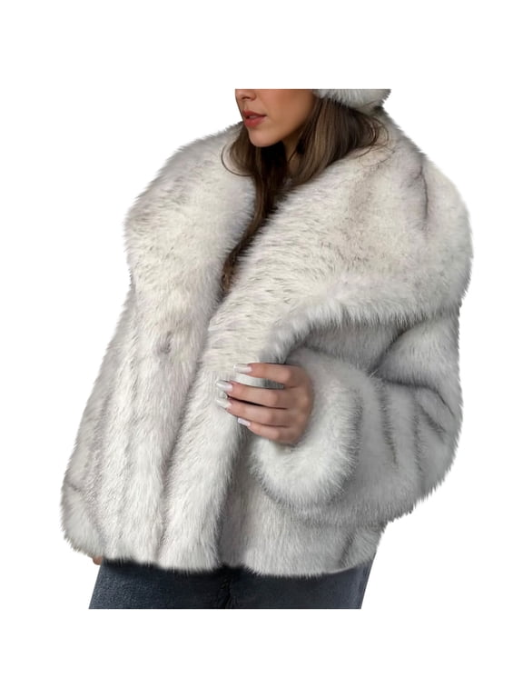 Women Short Faux Fur Coat, Lapel Long Sleeve Warm Fuzzy Plush Jacket, Open Front Thick Winter Outerwear For Party Night Out And Cold Weather Silver,M
