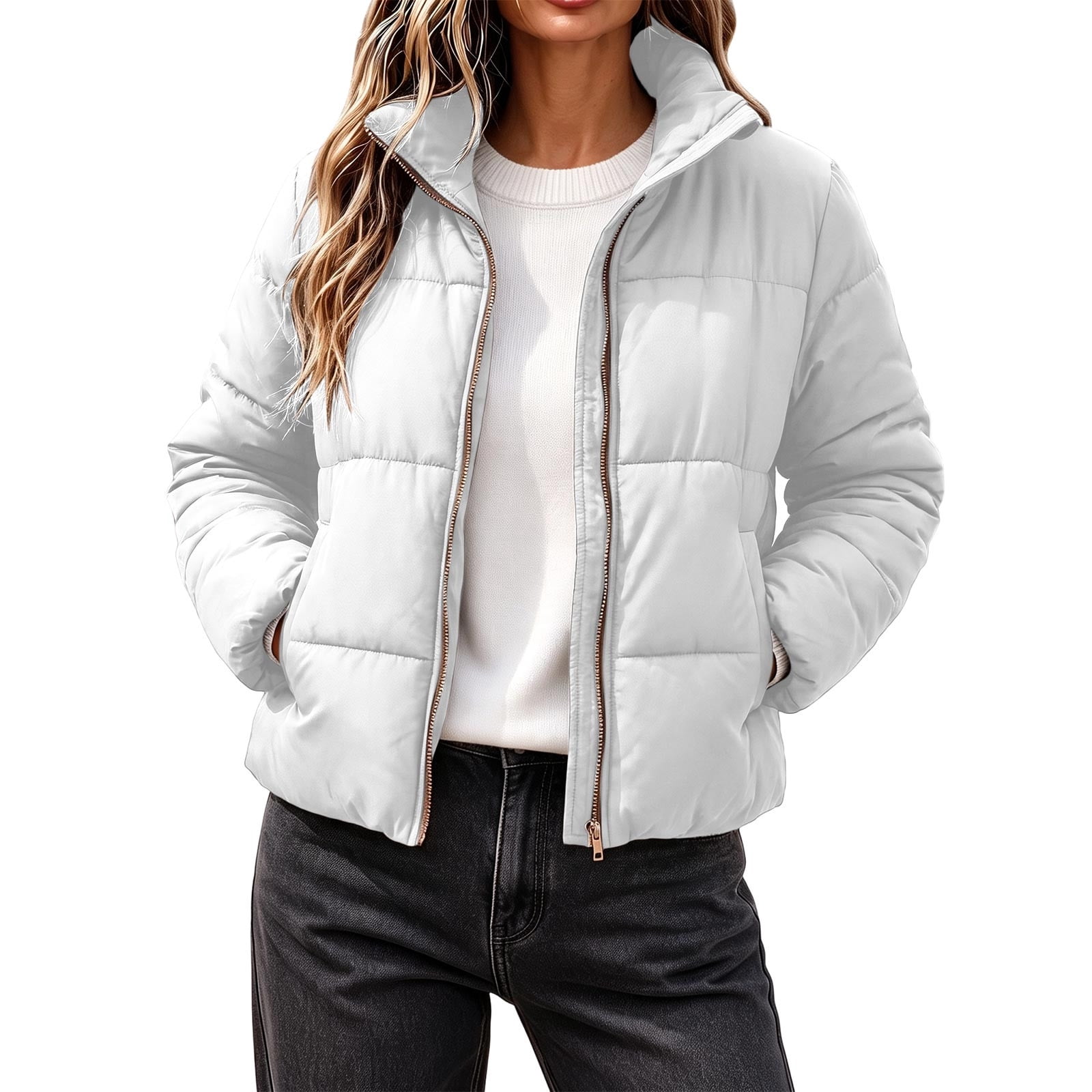 Xinoom Women Short Puffer Jacket, Stand Collar, Full Zip Closure ...