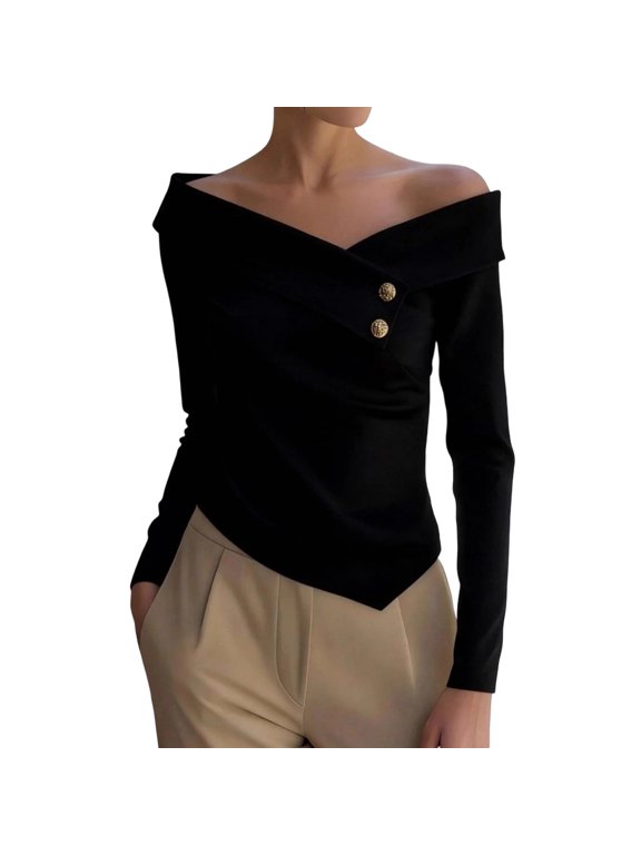 Women Off Shoulder Long Sleeve Blouse, Asymmetric Wrap V Neck with Decorative Buttons, Irregular Hem Fitted Top, Elegant Shirt for Banquet and Office Event Black,S
