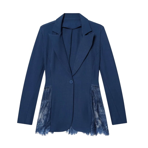 Xinoom Women Single Button Blazer Jacket, Notched Lapel Long Sleeve Suit Coat, Lace Panel Spliced Hem, Elegant Slim Fit For Work Office Business Casual Occasions Blue,XS