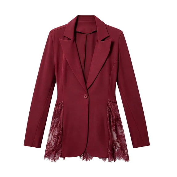 Xinoom Women Single Button Blazer Jacket, Notched Lapel Long Sleeve Suit Coat, Lace Panel Spliced Hem, Elegant Slim Fit For Work Office Business Casual Occasions Wine,S