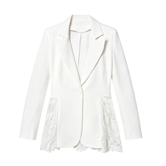 Xinoom Women Single Button Blazer Jacket, Notched Lapel Long Sleeve Suit Coat, Lace Panel Spliced Hem, Elegant Slim Fit For Work Office Business Casual Occasions White,L