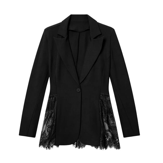 Xinoom Women Single Button Blazer Jacket, Notched Lapel Long Sleeve Suit Coat, Lace Panel Spliced Hem, Elegant Slim Fit For Work Office Business Casual Occasions Black,L