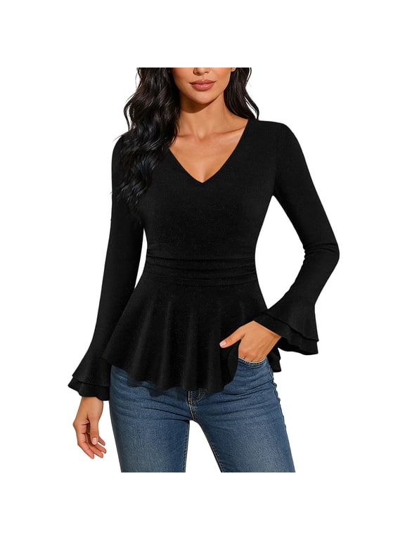 Women Sparkling V Neck Peplum Top Long Sleeve Double Layer Ruffle Cuff Shirt, Ruched Waist Flared Hem Dressy Blouse for Party, Wedding Guest and Evening Events Black,S