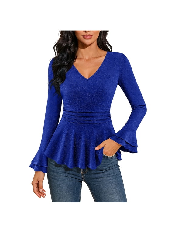 Women Sparkling V Neck Peplum Top Long Sleeve Double Layer Ruffle Cuff Shirt, Ruched Waist Flared Hem Dressy Blouse for Party, Wedding Guest and Evening Events Blue,XXL