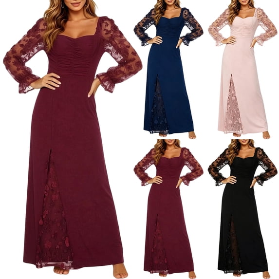 Xinoom Women Square Neck Maxi Evening Dress, Long Sheer Floral Embroidered Puff Sleeve Dress, Ruched Bust High Side Slit Formal Dress for Wedding Guest Prom Black,L