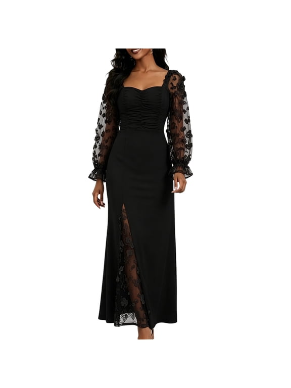 Women Square Neck Maxi Evening Dress, Long Sheer Floral Embroidered Puff Sleeve Dress, Ruched Bust High Side Slit Formal Dress for Wedding Guest Prom Black,XL