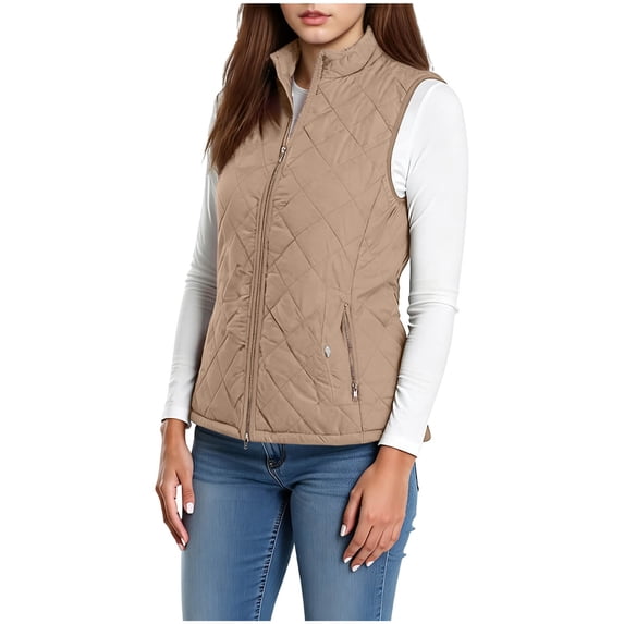Xinoom Women Stand Collar Quilted Puffer Vest, Zip Up Sleeveless Lightweight Padded Gilet With Side Snap Pockets, Layering Outerwear For Autumn Winter Khaki,S