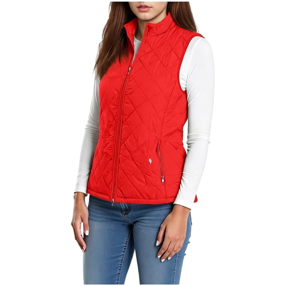 Xinoom Women Stand Collar Quilted Puffer Vest, Zip Up Sleeveless Lightweight Padded Gilet With Side Snap Pockets, Layering Outerwear For Autumn Winter Red,M