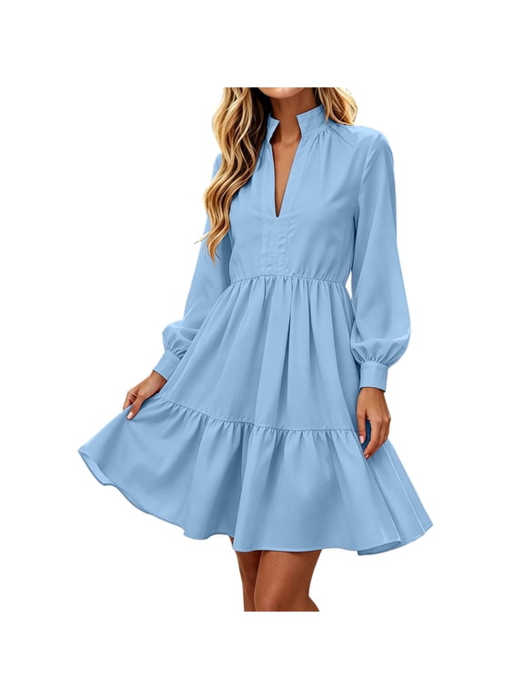 Women Stand Collar Tiered Mini Dress, V‑Notch Neck Long Balloon Sleeve Dress, Elastic Waist Ruffle Hem Flowy A‑Line Dress for Work Date Daily Occasion Blue,M