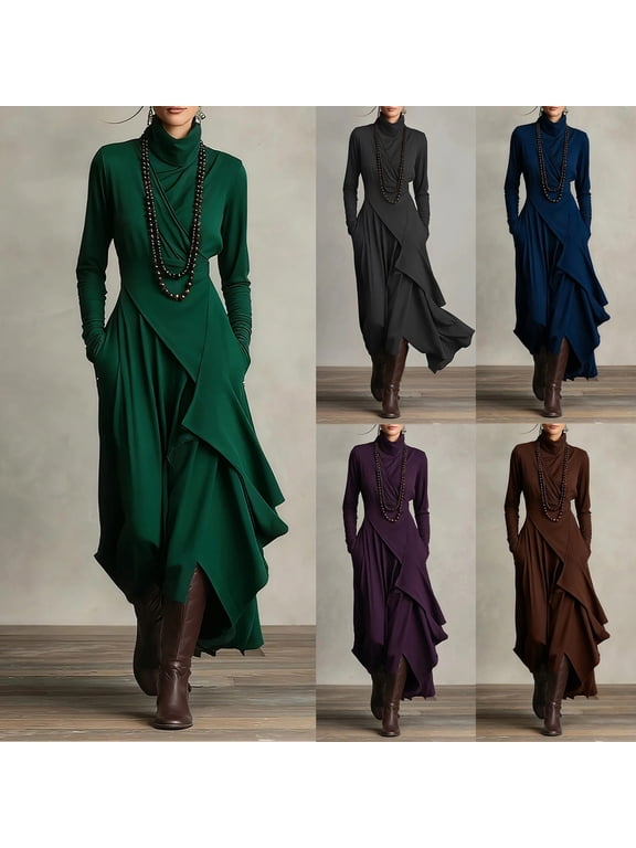 Women Turtleneck Long Sleeve Midi Dress, Wrap Cross Front Asymmetrical Layered Hem Dress With Side Pockets, Elegant Irregular Casual Gown Black,L