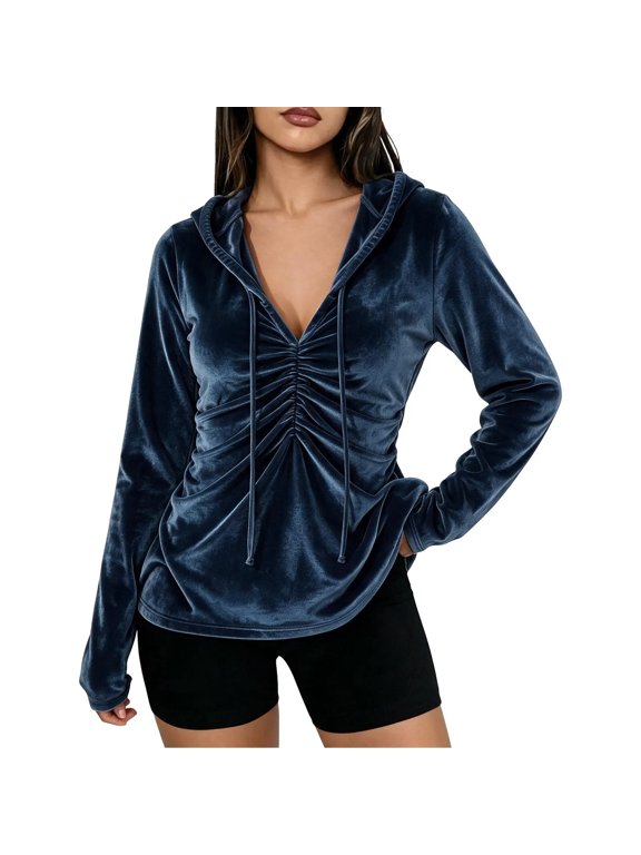 Women Velvet Hooded Long Sleeve Top, V Neck Drawstring Ruched Front Shirt, Slim Fit Casual Blouse for Night Out Dark Blue,XL