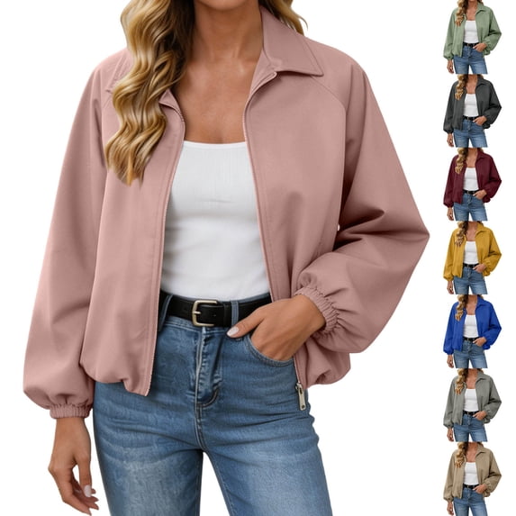 Xinoom Women Zip Up Cropped Bomber Jacket, Point Collar Long Sleeve Balloon Cuffs Loose Casual Outer Coat, Lightweight Streetwear Outerwear Black,L