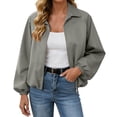 thumbnail image 1 of Xinoom Women Zip Up Cropped Bomber Jacket, Point Collar Long Sleeve Balloon Cuffs Loose Casual Outer Coat, Lightweight Streetwear Outerwear Gray,M, 1 of 7