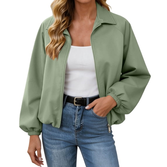 Xinoom Women Zip Up Cropped Bomber Jacket, Point Collar Long Sleeve Balloon Cuffs Loose Casual Outer Coat, Lightweight Streetwear Outerwear Green,L