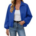 thumbnail image 1 of Xinoom Women Zip Up Cropped Bomber Jacket, Point Collar Long Sleeve Balloon Cuffs Loose Casual Outer Coat, Lightweight Streetwear Outerwear Navy,M, 1 of 7