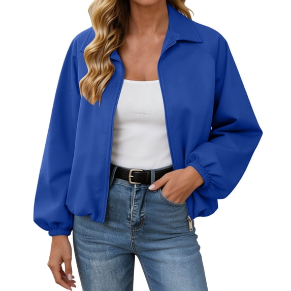 Xinoom Women Zip Up Cropped Bomber Jacket, Point Collar Long Sleeve Balloon Cuffs Loose Casual Outer Coat, Lightweight Streetwear Outerwear Navy,M