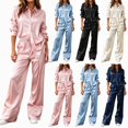 thumbnail image 1 of Xinoom Women's 2 Piece Satin Matching Set, Lapel Button Down Shirt & Drawstring Wide Leg Pants, Elegant Casual Outfit, Gift for Ladies, Dinner Gathering Beige,L, 1 of 8