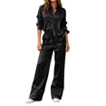 thumbnail image 1 of Xinoom Women's 2 Piece Satin Matching Set, Lapel Button Down Shirt & Drawstring Wide Leg Pants, Elegant Casual Outfit, Gift for Ladies, Dinner Gathering Black,XS, 1 of 7