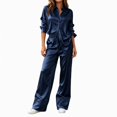 thumbnail image 1 of Xinoom Women's 2 Piece Satin Matching Set, Lapel Button Down Shirt & Drawstring Wide Leg Pants, Elegant Casual Outfit, Gift for Ladies, Dinner Gathering Dark Blue,XS, 1 of 7