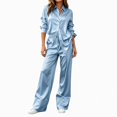 thumbnail image 1 of Xinoom Women's 2 Piece Satin Matching Set, Lapel Button Down Shirt & Drawstring Wide Leg Pants, Elegant Casual Outfit, Gift for Ladies, Dinner Gathering Light Blue,XL, 1 of 7