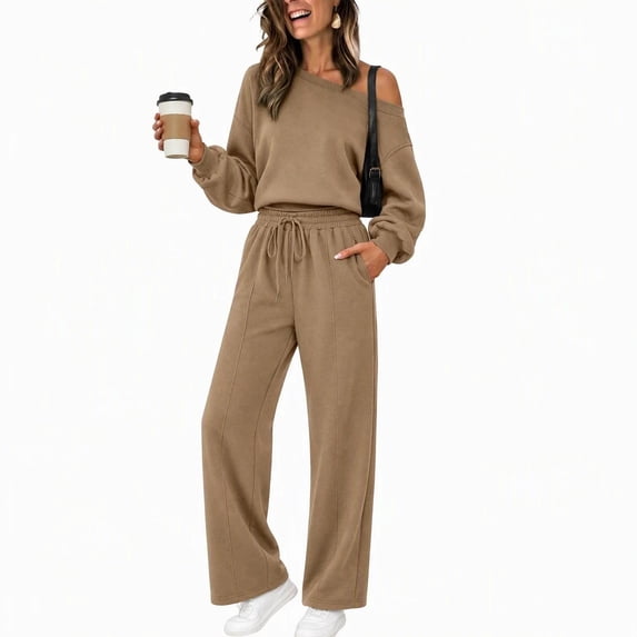 Xinoom Women 2 Piece Off Shoulder Tracksuit, Long Sleeve Slanted Shoulder Sweatshirt & Drawstring Wide Leg Pants with Pockets, Casual Matching Outfit Gift for Women Evening Party Khaki,XXL