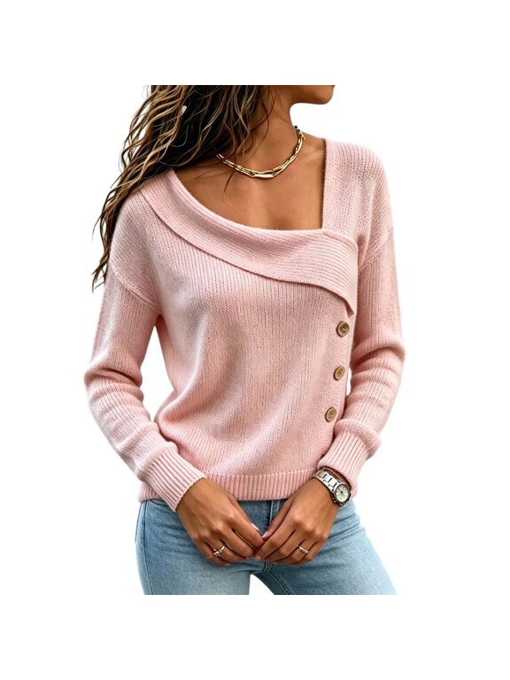 Women's Asymmetric Wrap Knit Sweater Off Shoulder Long Sleeve Button Detail Relaxed Pullover, Soft Knit Top for Office and Cool Evening Gathering Pink,XL