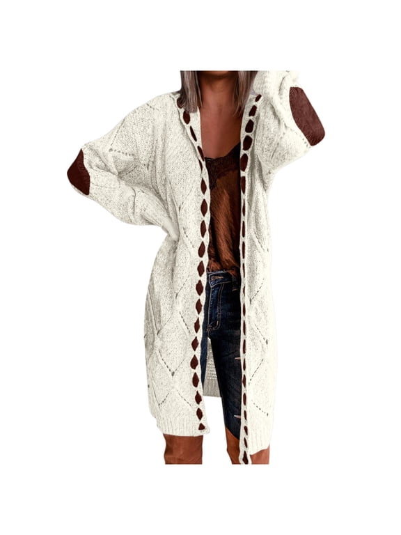 Women's Cable Knit Long Cardigan Sweater, Open Front Long Sleeve Knit Coat with Contrast Elbow Patches, Oversized Boho Style Layering Outerwear Beige,XXXXXL